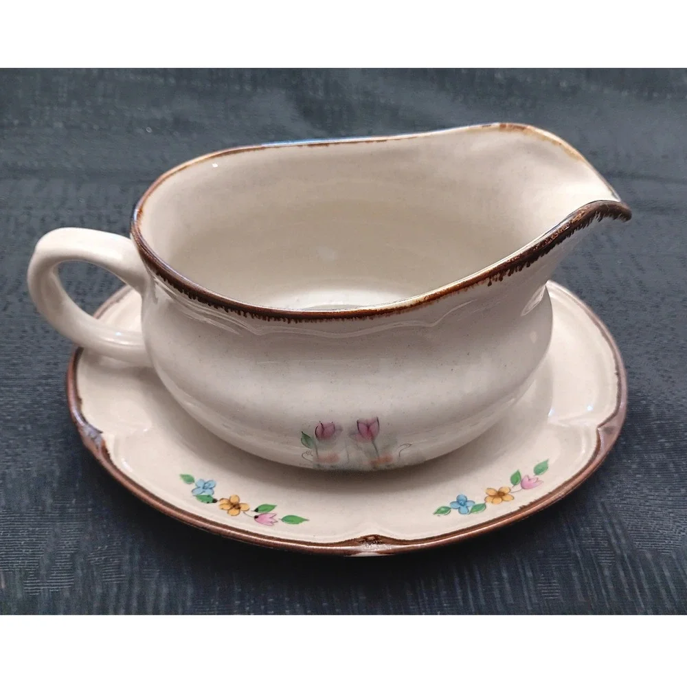 Vintage Village Scene Gravy Boat with Underplate Stoneware Country Folk Art